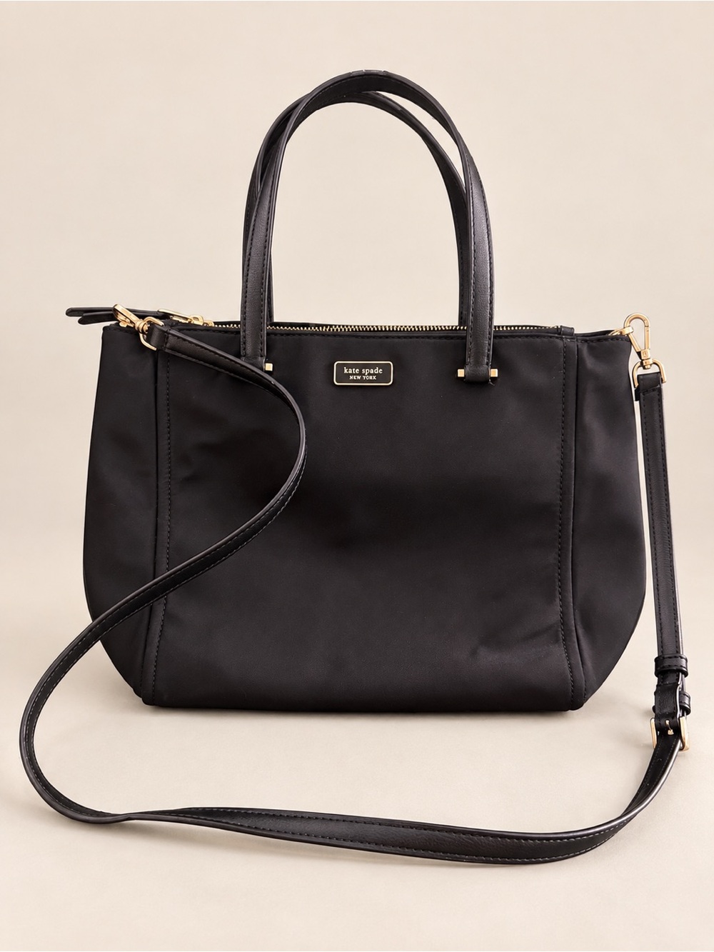 KATE SPADE Dawn Medium Nylon Satchel Tote Crossbody Black Gold